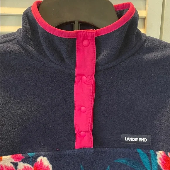 Lands' End Navy and Pink Floral Fleece Pullover Size L - Picture 4 of 9